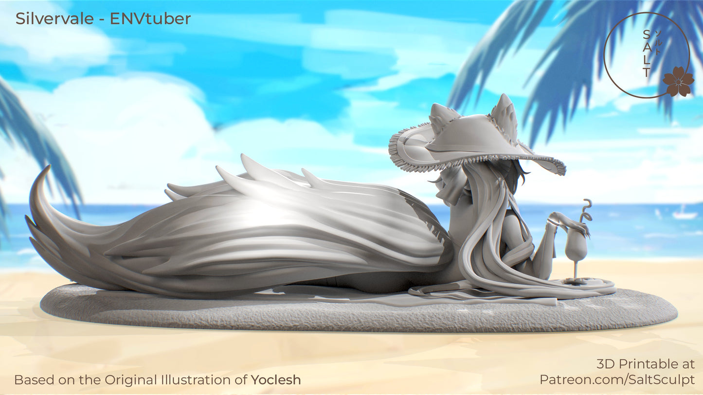 Rear view of SFW Silvervale model showing long flowing tails, hat, and drink cup detail on a textured base