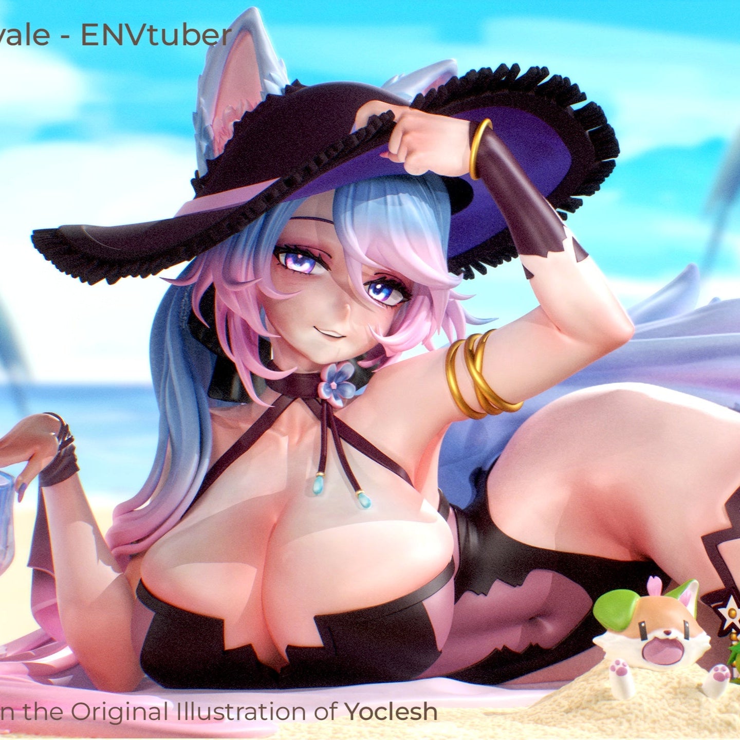 Close-up view of Silvervale’s SFW variant in color, smiling with hand adjusting hat, lying on side with beach scenery background