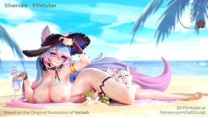 NSFW full-color render of Silvervale reclining topless on a beach towel with smiling fox plush and pastel tails, drink nearby