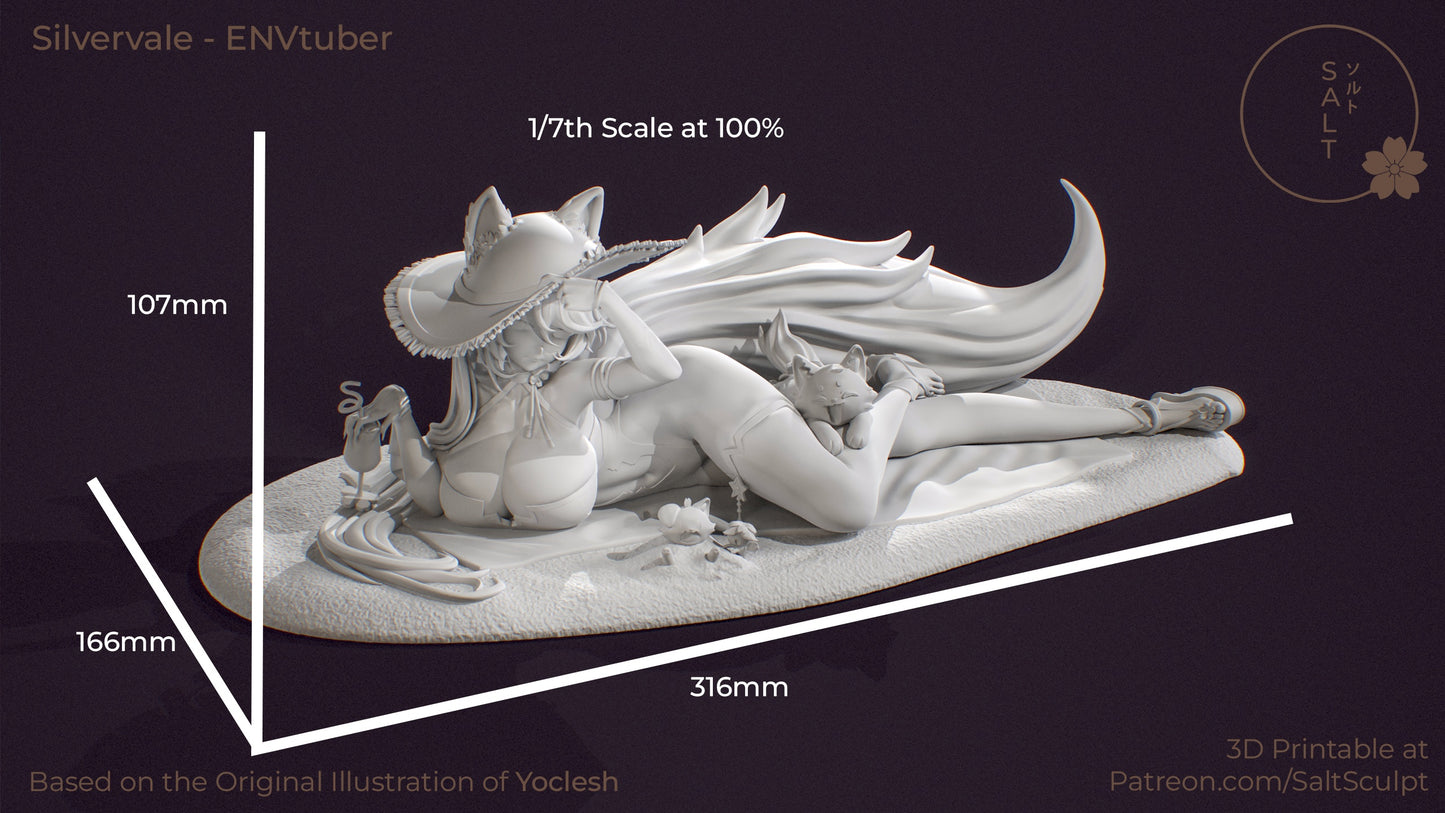 Scale render of Silvervale figure with labeled dimensions 316mm length, 166mm depth, and 107mm height at 1:7 scale