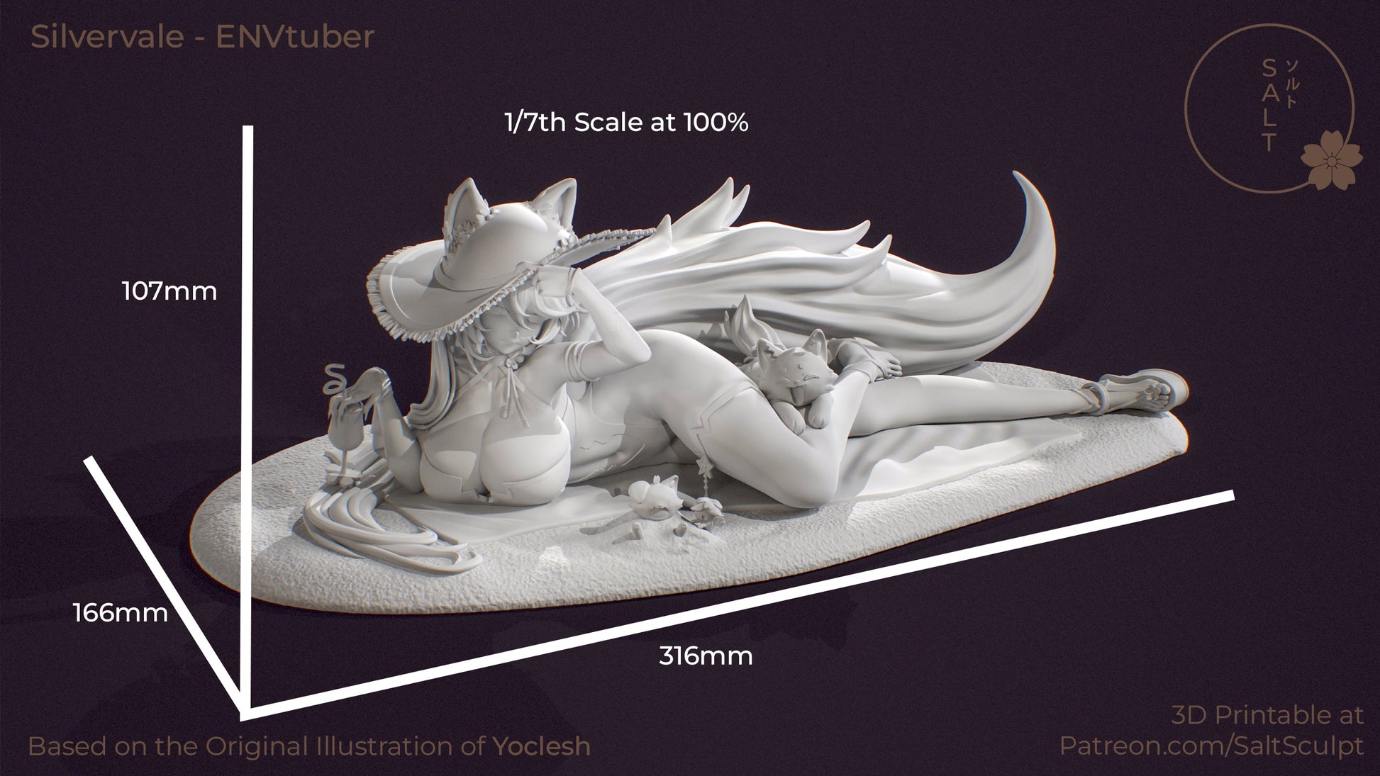 Scale render of Silvervale figure with labeled dimensions 316mm length, 166mm depth, and 107mm height at 1:7 scale