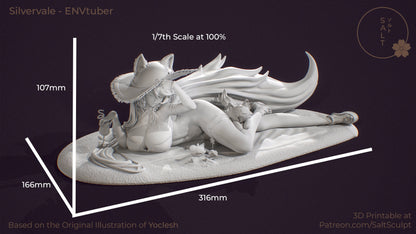 Scale render of Silvervale figure with labeled dimensions 316mm length, 166mm depth, and 107mm height at 1:7 scale