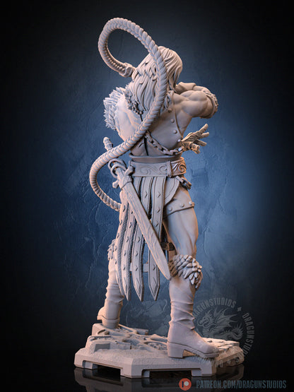 Simon Belmont inspired miniature rear view showing flowing long hair, cross-strapped armor, chainmail skirt elements, long whip curve, and gothic stone base; compatible with D&D and Pathfinder settings.