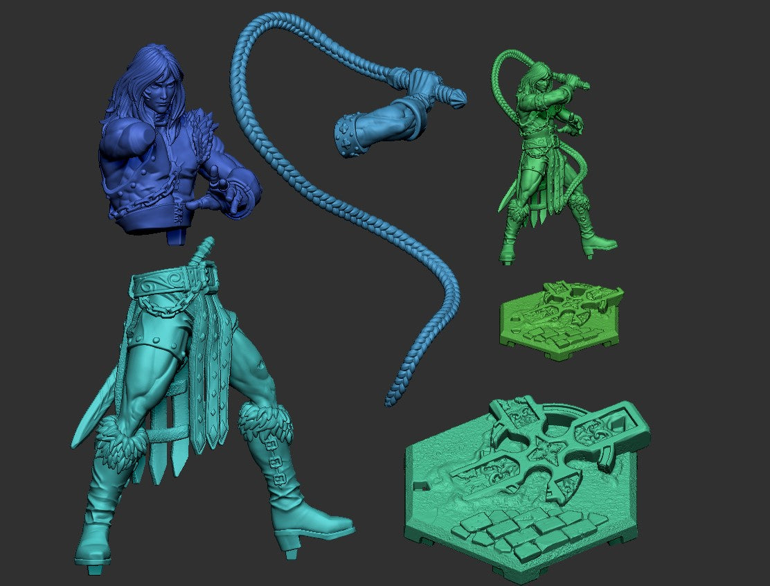 Simon Belmont inspired miniature parts layout showing upper torso, lower body, separate whip pieces, and gothic stone base; modular vampire hunter model compatible with Dungeons and Dragons and Pathfinder.