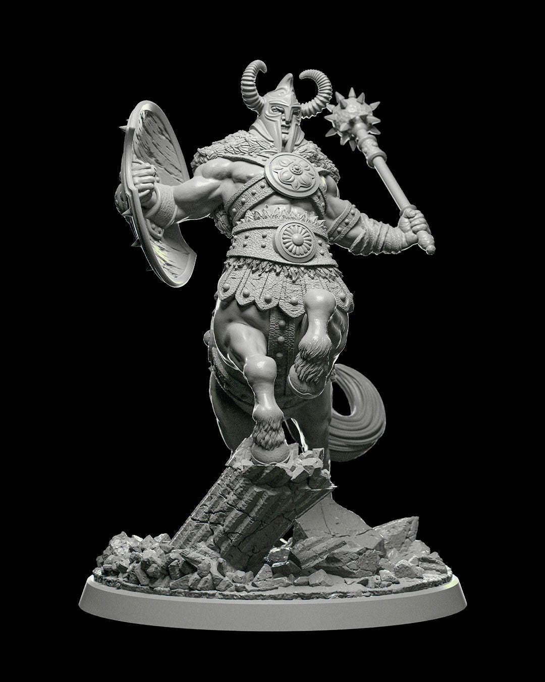 Siphus, the Hand of God miniature, depicting a centaur warrior with a horned helmet, spiked mace, and shield, standing on ruins.