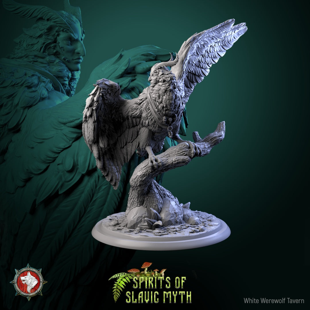 Sirin miniature – perched on twisted roots, wings open in a majestic display, from Spirits of Slavic Myth series.