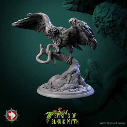 Sirin miniature – perched with wings unfurled and talons gripping a snake, inspired by Slavic mythology, from White Werewolf Tavern.