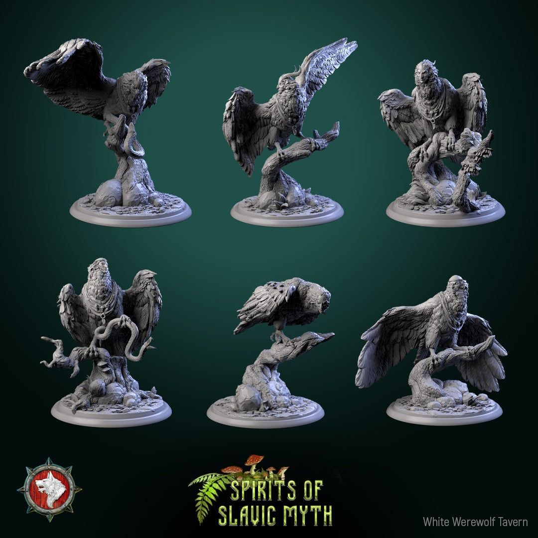 Sirins miniature set – group view featuring multiple half-bird, half-woman figures on detailed bases, from White Werewolf Tavern’s Spirits of Slavic Myth collection.