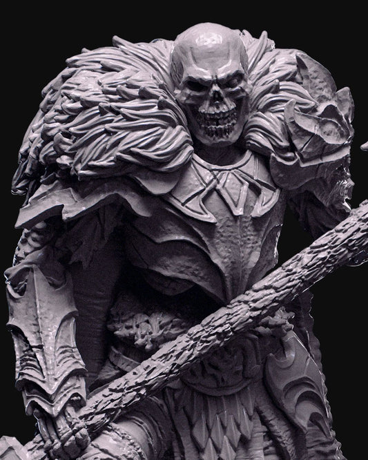 Close-up image of a Skeletal Commander in full plate armor, holding a large double-headed axe with intricate details and a fur-lined cape.