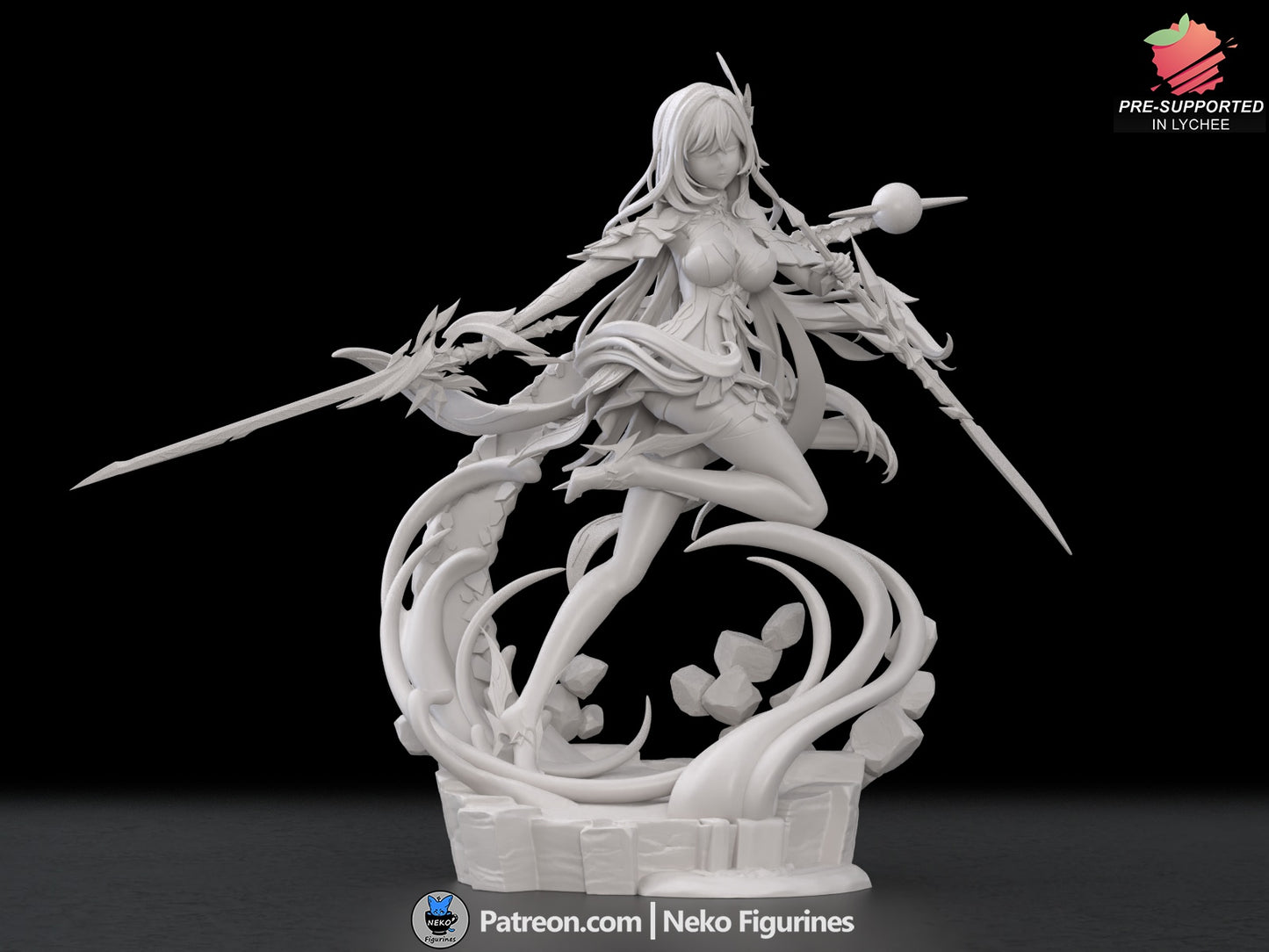 Full view of 1:7 scale Skirk figure from Genshin Impact, dual-wielding swords in a mid-stride pose with long flowing hair and layered robes.