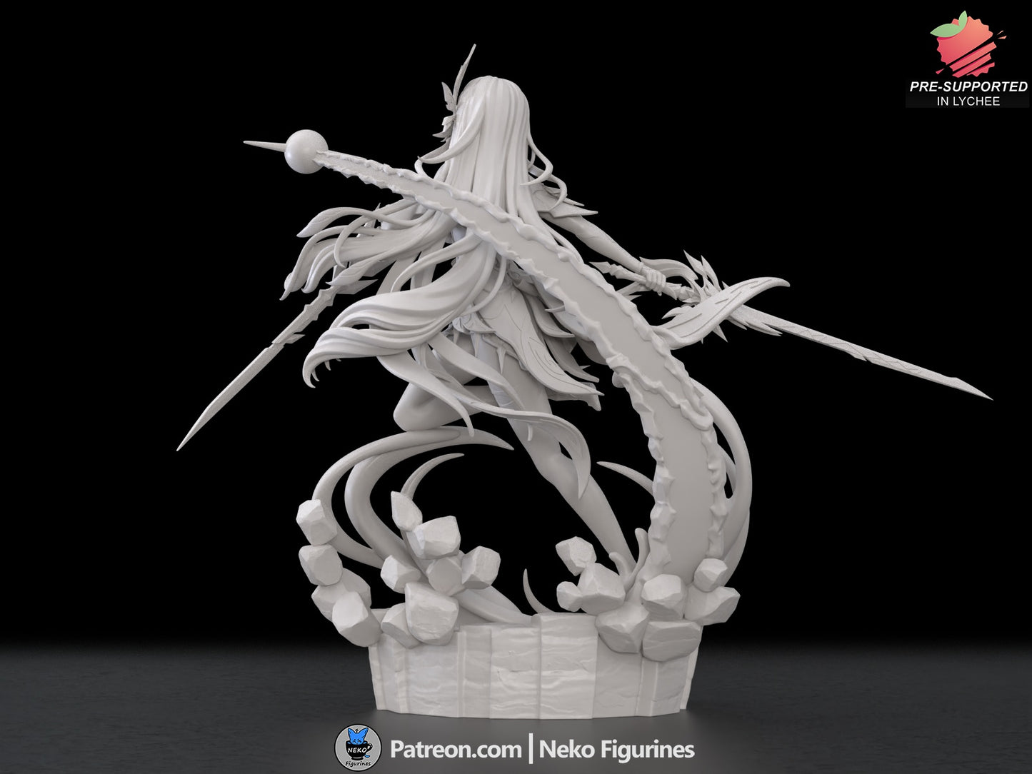 Alternate angle of Skirk 1:7 figure showing intricate sword detail, dynamic cape movement, and stylized armor plating.