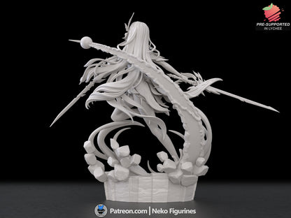 Alternate angle of Skirk 1:7 figure showing intricate sword detail, dynamic cape movement, and stylized armor plating.