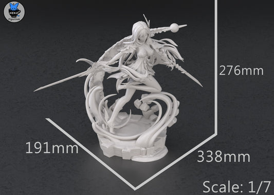 Scale reference and measurements of Skirk figurine from Genshin Impact, showing proportions and display height.