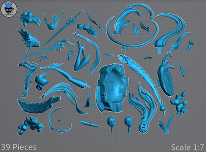 Modular parts breakdown for Skirk 1:7 scale collectible including separate limbs, swords, and cloak for easier printing and painting.