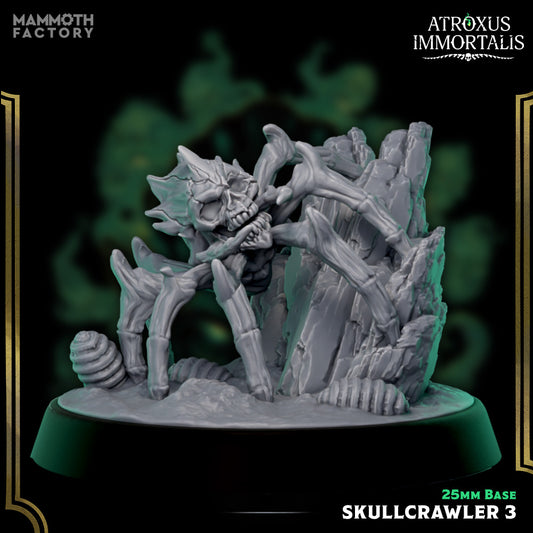Skullcrawler miniature climbing over rocky terrain, skeletal limbs gripping stone, skull face glaring forward.