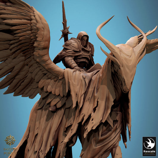 Sky Sentinel angelic mount miniature with flowing tattered cloak and massive feathered wings in flight pose