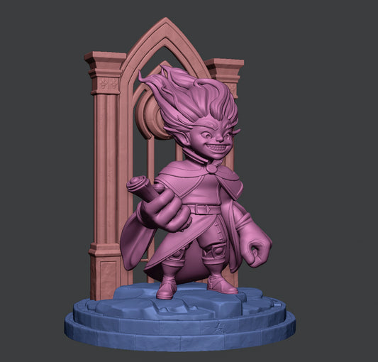 Small Sprite painted fantasy miniature with blue skin, wild hair, scroll in hand, and detailed background of castle spires.