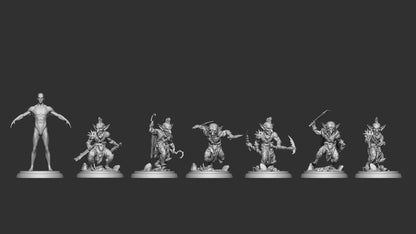 Group of goblin miniatures in dynamic combat poses wielding blades, clubs, and hooks – tabletop RPG goblin warrior set.