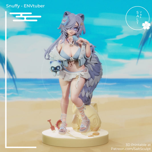 Painted Snuffy collectible posed on beach base with bright summer background.