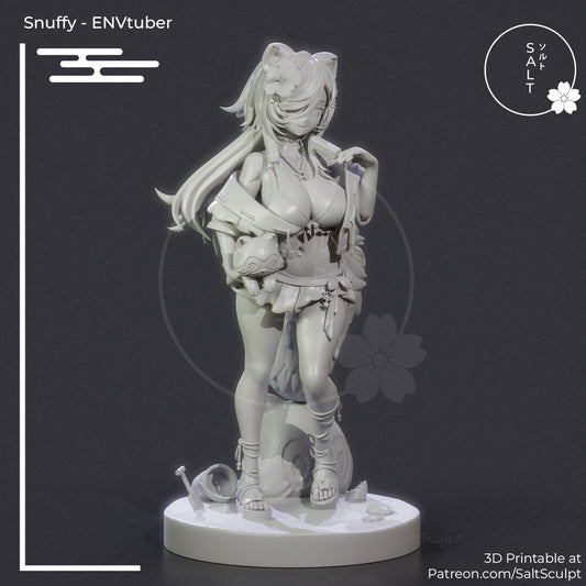 Front view of unpainted Snuffy collectible showcasing her playful pose and beach-themed accessories.