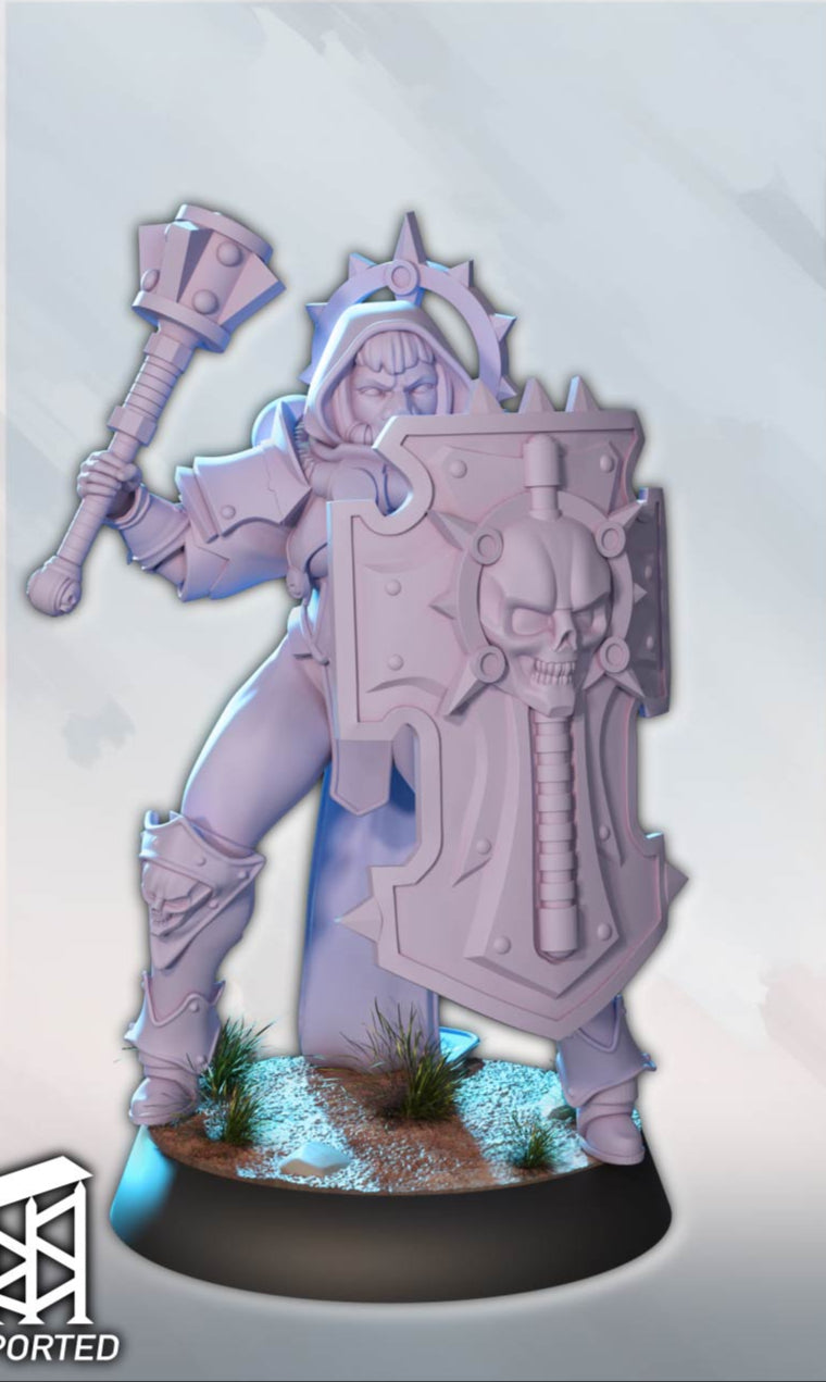 Female warrior in power armor holding a mace and skull-engraved tower shield, wearing a halo-shaped headpiece.