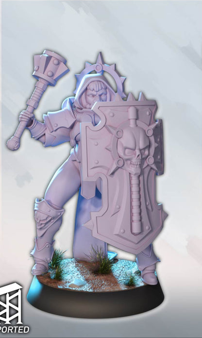 Female warrior in power armor holding a mace and skull-engraved tower shield, wearing a halo-shaped headpiece.
