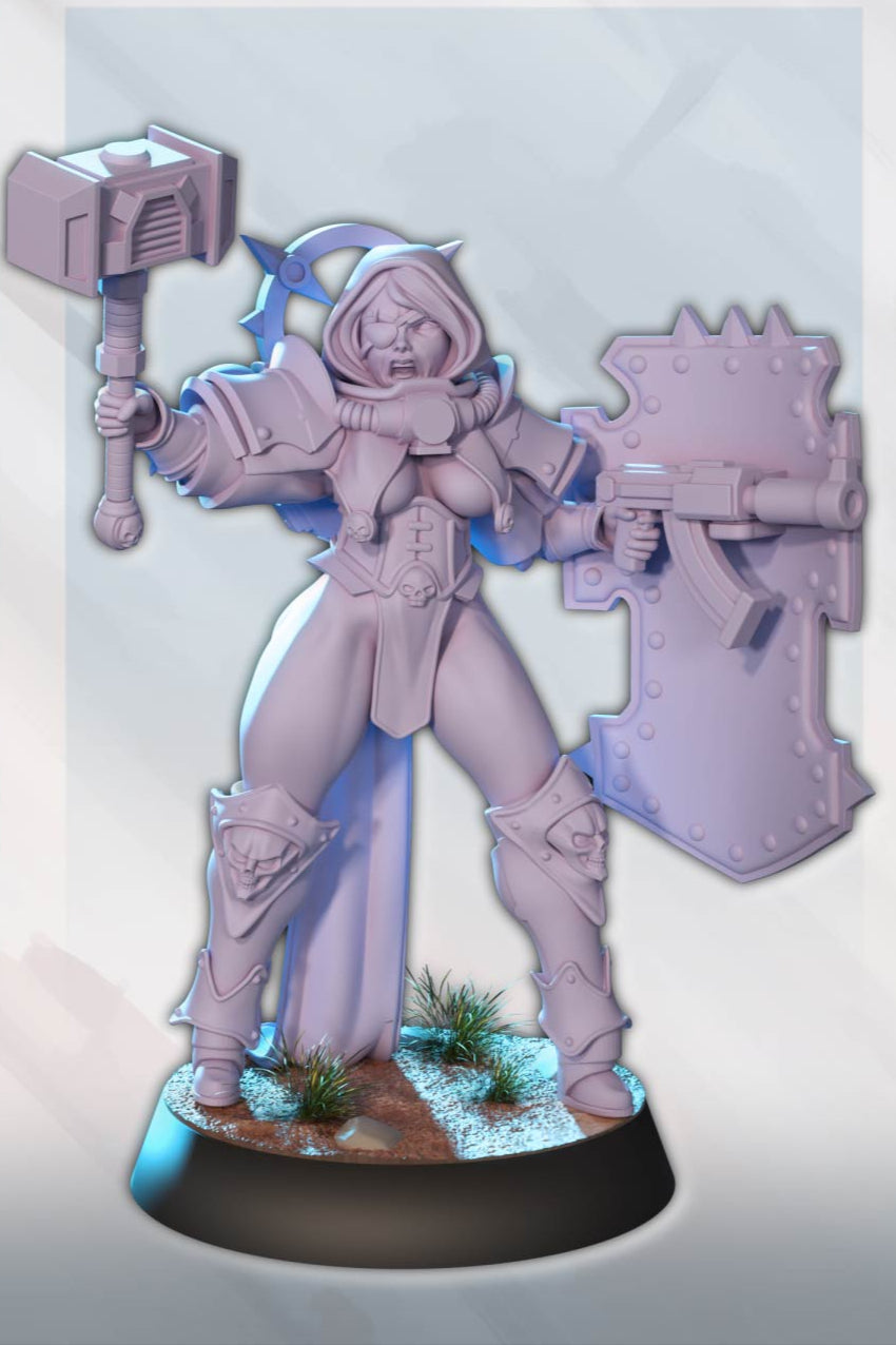 Female sci-fi warrior aiming a bolter built into her shield, wielding a hammer in the other hand.