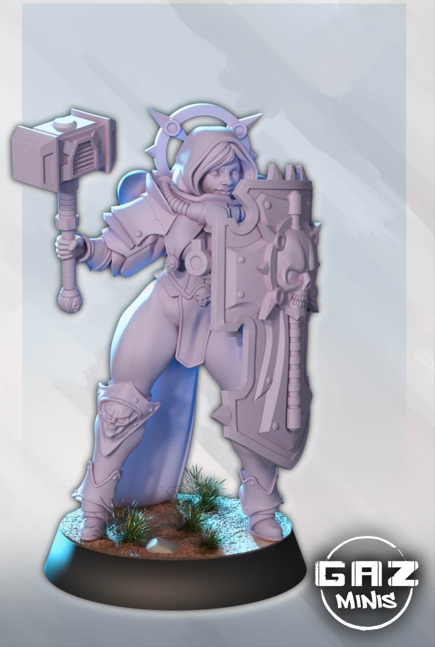 Side view of armored female warrior holding a hammer and shield, showing flowing cloak and halo.