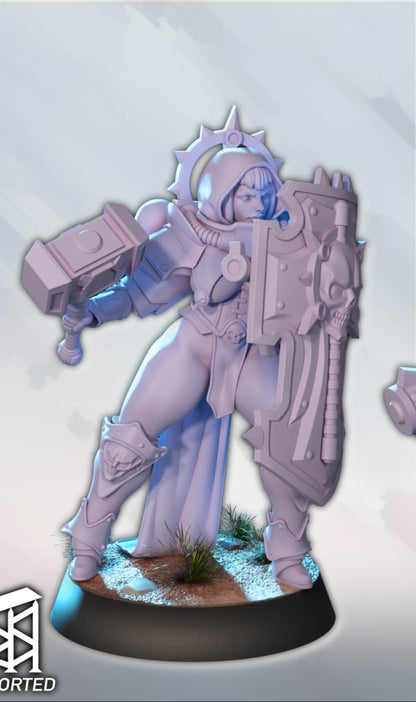Side view of armored female warrior holding a hammer and shield, showing flowing cloak and halo.