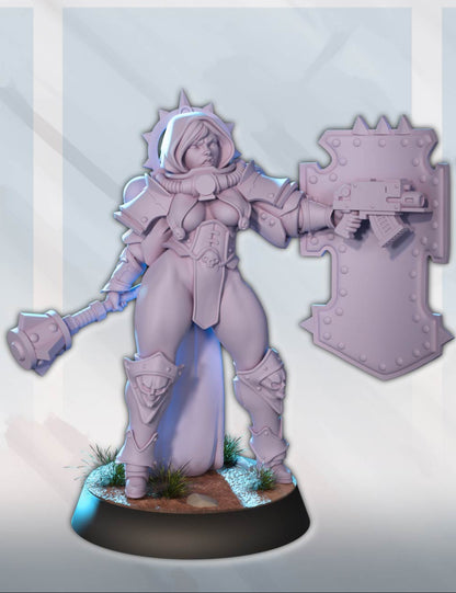 Front-facing warrior with hammer raised and large shield angled, standing on a textured base with grass tufts.