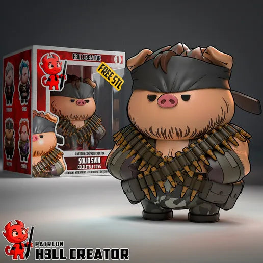Painted chibi Solid Svin Snake figure with camo pants, bandana, and collectible box display
