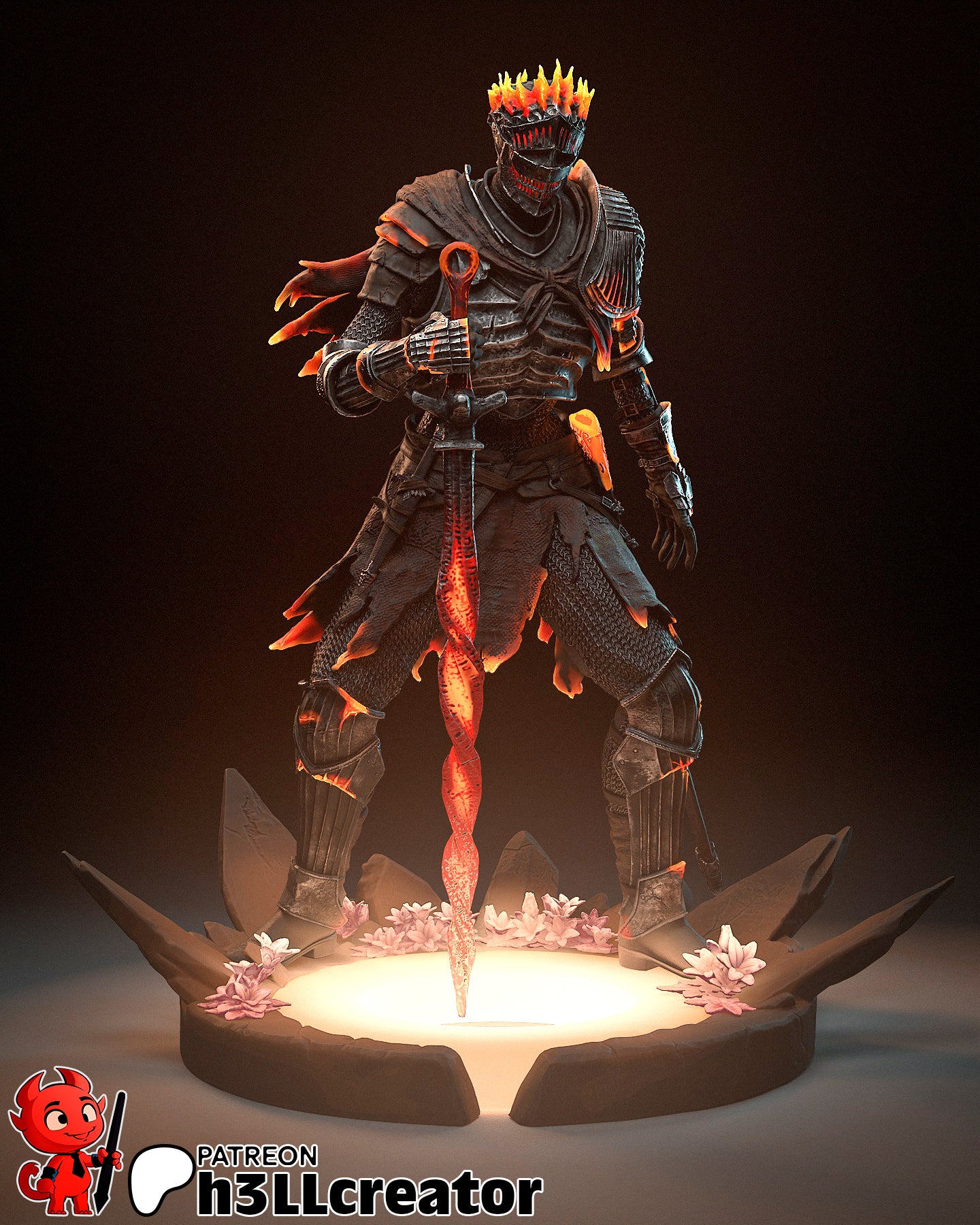 Full-body render of Soul of Cinders 1:12 scale statue standing on a glowing circular base with floral elements and flame-detailed armor.