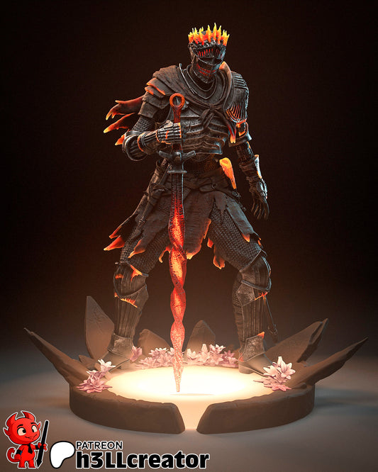 Full-body render of Soul of Cinders 1:12 scale statue standing on a glowing circular base with floral elements and flame-detailed armor.