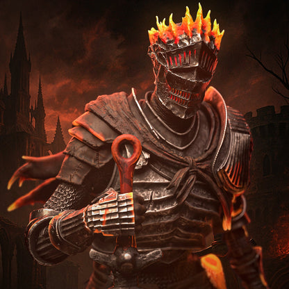 Close-up of the Soul of Cinders full figure with a burning crown, detailed armored plating, and molten sword held vertically, in a fiery castle backdrop.