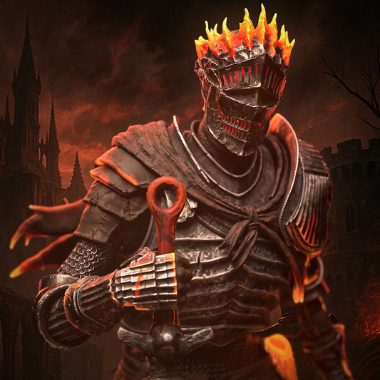Close-up of the Soul of Cinders full figure with a burning crown, detailed armored plating, and molten sword held vertically, in a fiery castle backdrop.
