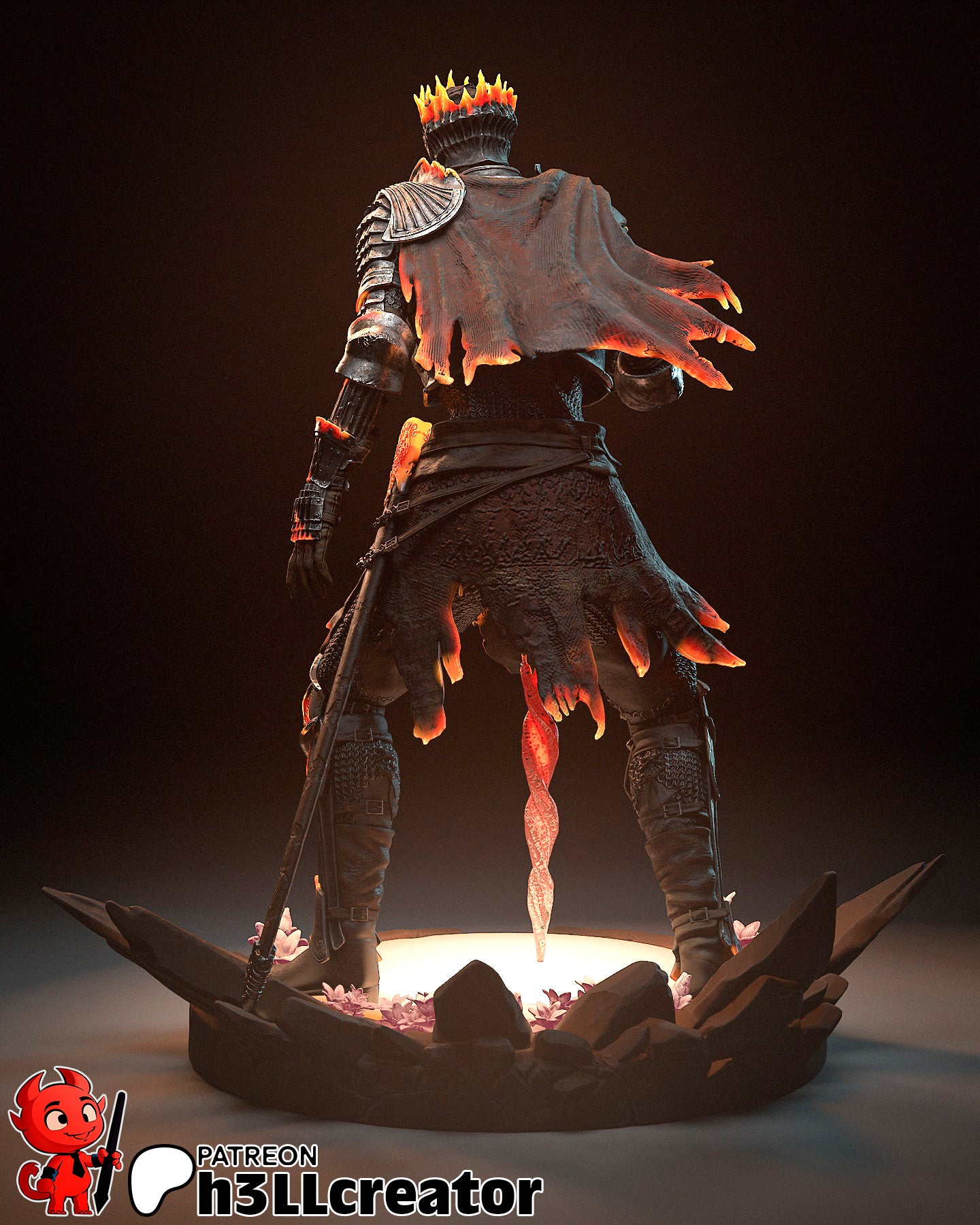 Rear view of the Soul of Cinders statue showcasing the tattered cape, scorched armor, and glowing sword tip embedded in the illuminated base.