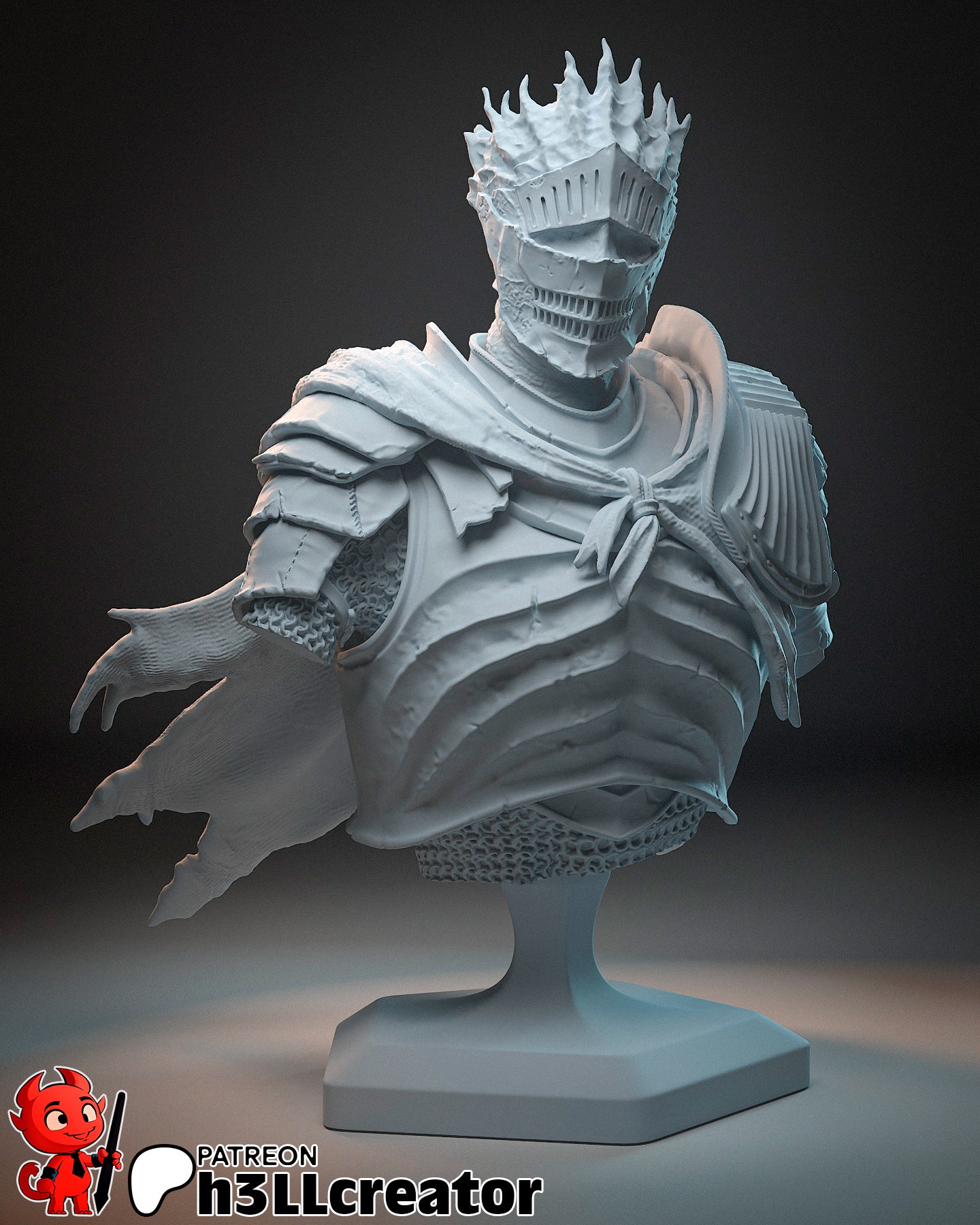 Unpainted bust of the Soul of Cinders with flaming crown, chest armor, and torn cape, displayed on a simple pedestal for collectors and painters.