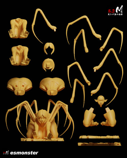 Spider Demon statue parts layout – Exploded view showing spider legs, humanoid torso, head options, stone base, and modular assembly components