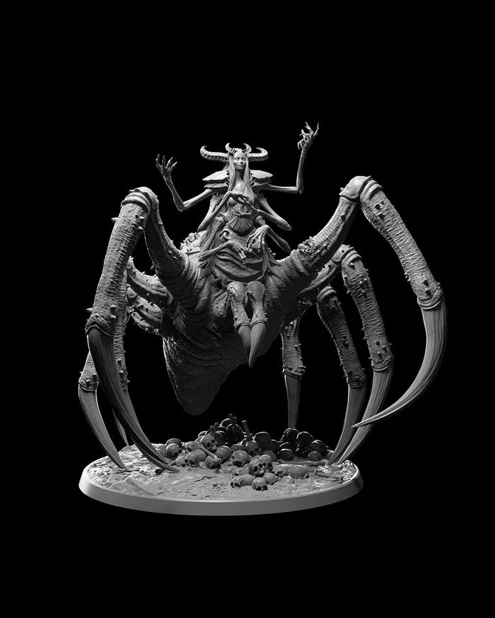 A front view of the Spider Queen miniature, featuring a humanoid torso with horns atop a massive spider body, standing over a bed of skulls.