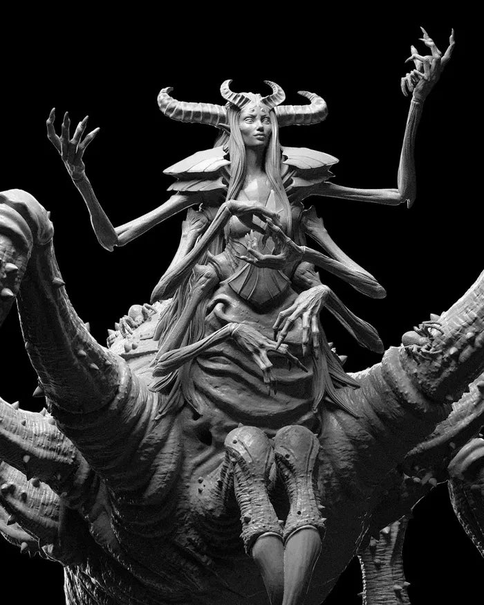 A close-up of the Spider Queen miniature, highlighting her detailed face, horns, and the terrifying spider legs beneath her.