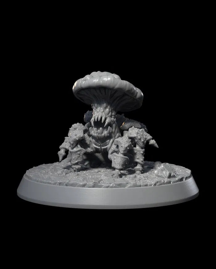 Spidershroom miniature, featuring a massive mushroom cap and intricate spider body, shown from the back.