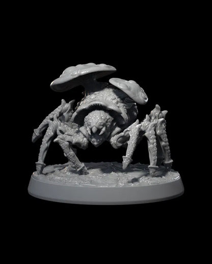 Spidershroom miniature with a large mushroom cap and spider-like legs, depicted in a menacing pose.