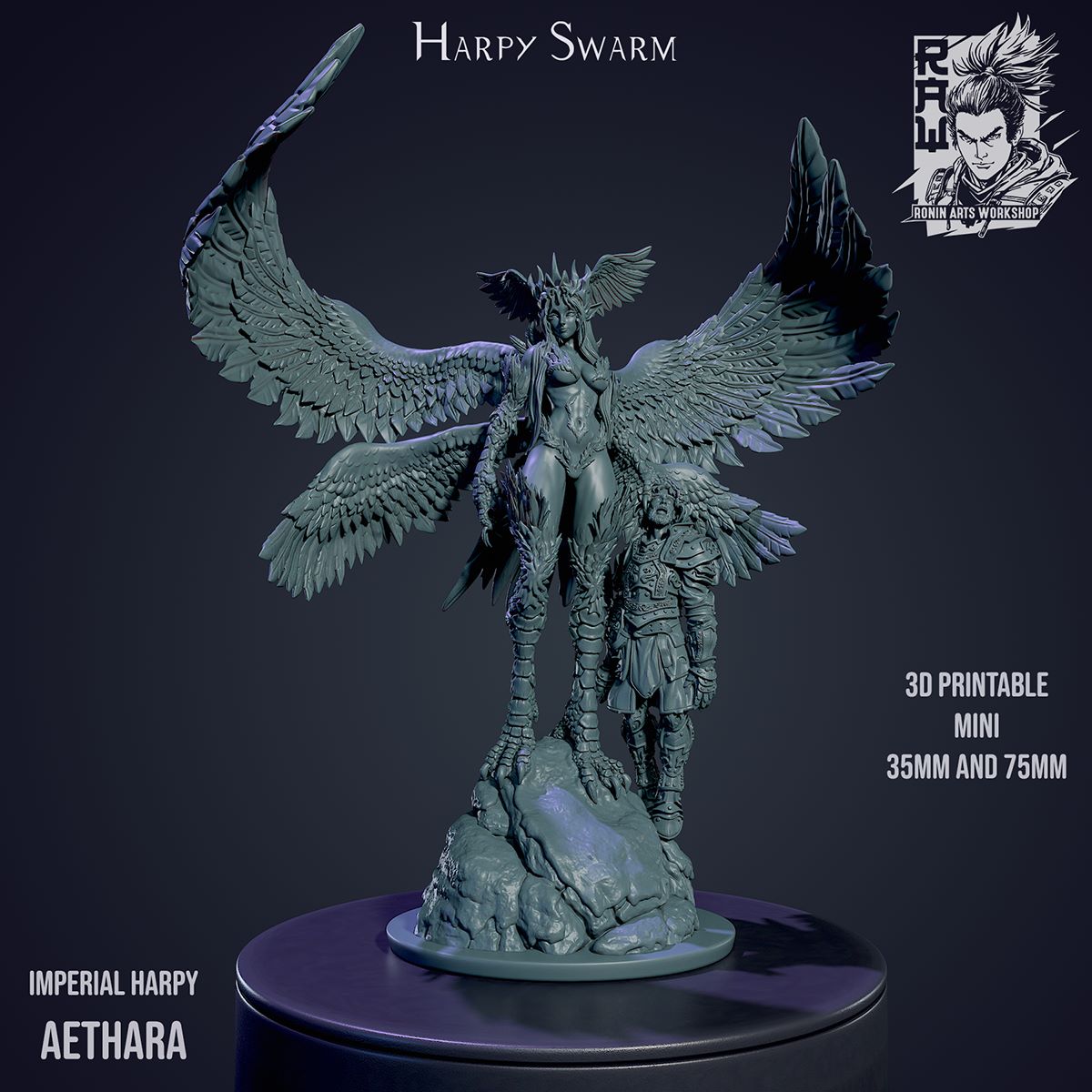 Imperial Harpy Aethara miniature standing on a rock with wings spread, holding a dead human warrior by the head.