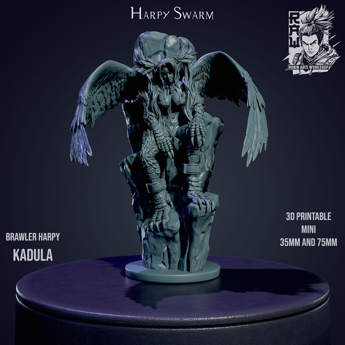 Brawler Harpy Kadula perched on a rock with colorful wings in a dynamic pose.