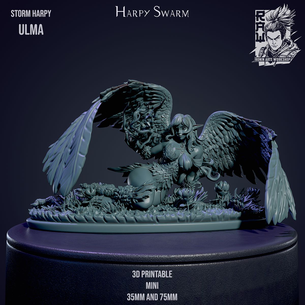 Miniature of Storm Harpy Ulma with wings spread, sitting on a rocky base with flowers, holding elemental magic.