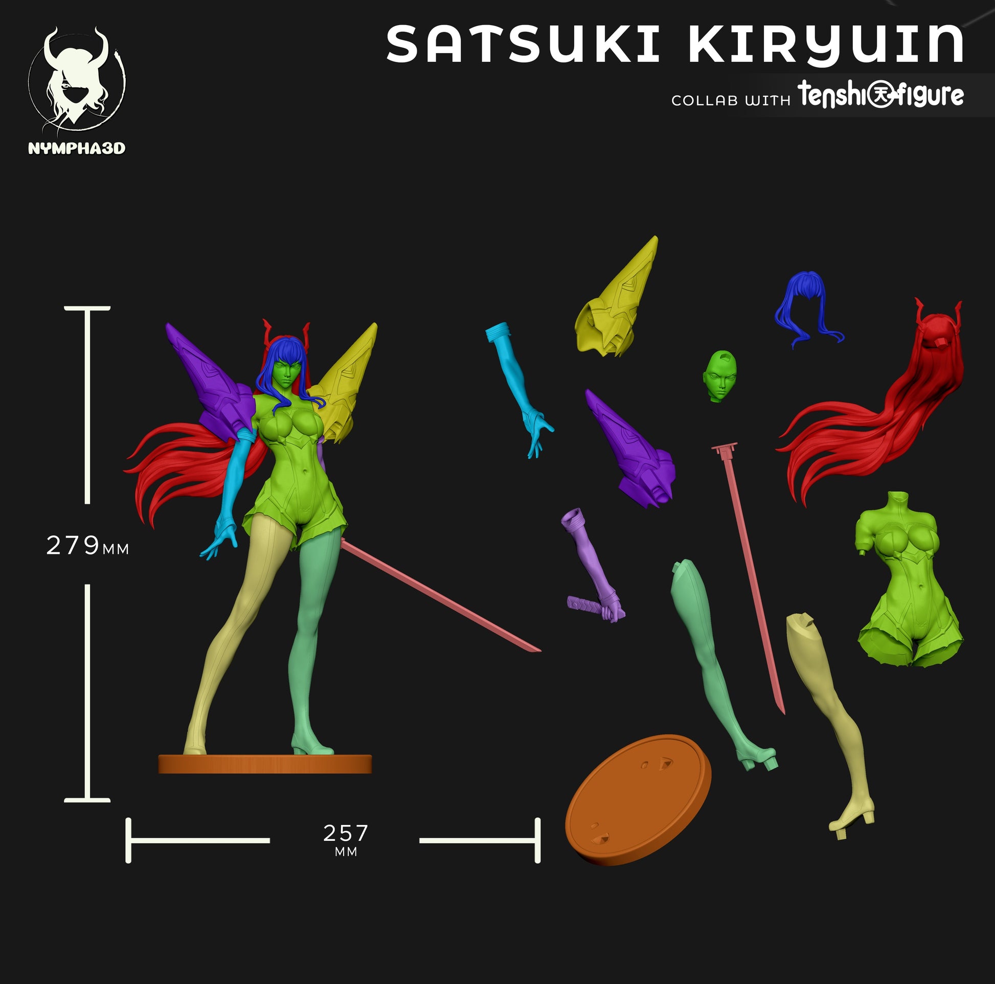 Model Parts Breakdown: Exploded view of 3D model showing modular components including hair, arms, wings, base, and sword, with height and width dimensions.