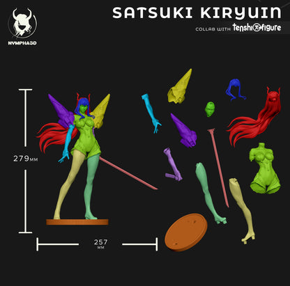 Model Parts Breakdown: Exploded view of 3D model showing modular components including hair, arms, wings, base, and sword, with height and width dimensions.