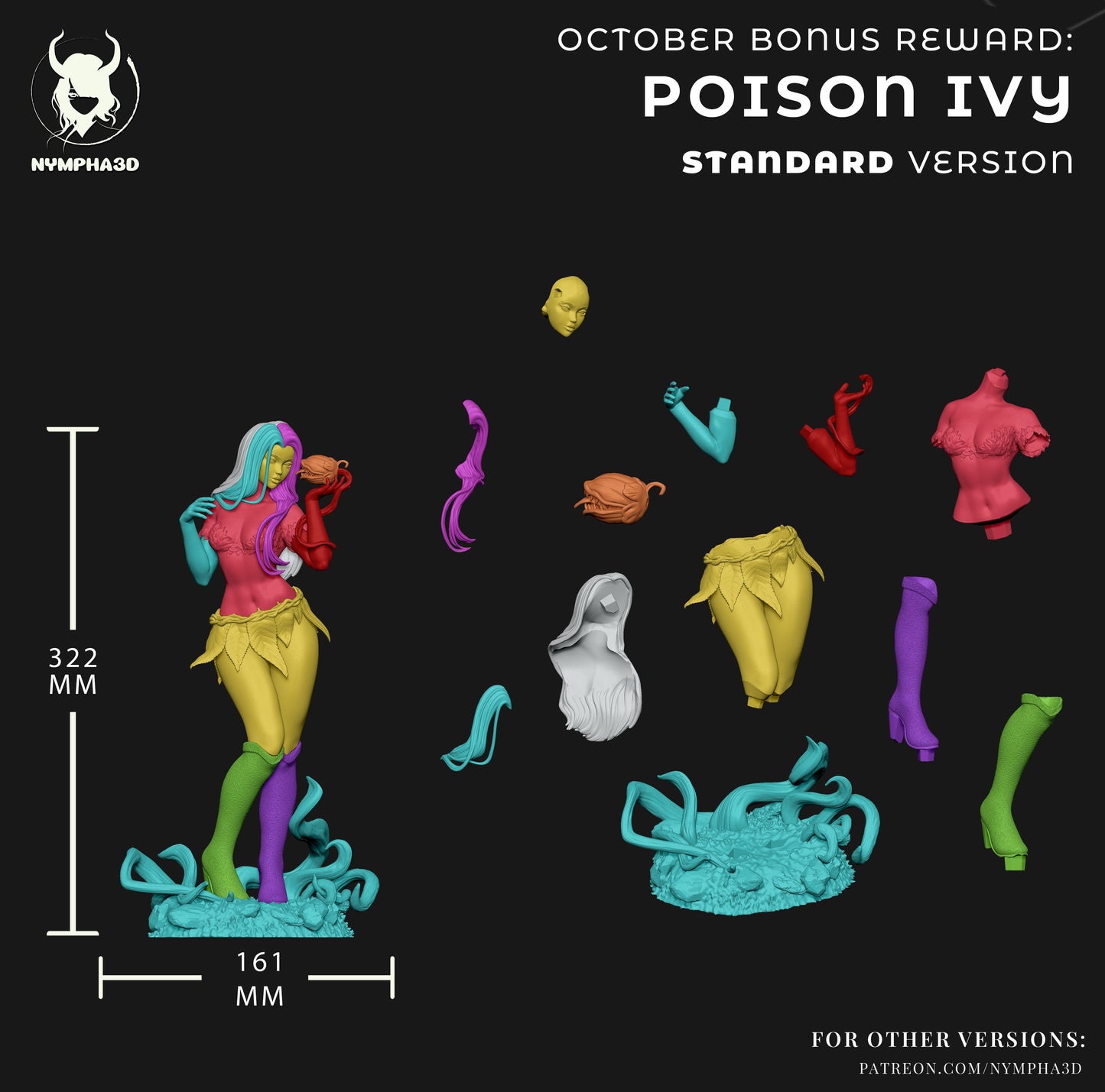 Exploded parts layout of Poison Ivy standard edition statue, showing modular assembly with interchangeable pieces including leaf outfit, base vines, and arm options for customization.