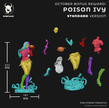Exploded parts layout of Poison Ivy standard edition statue, showing modular assembly with interchangeable pieces including leaf outfit, base vines, and arm options for customization.