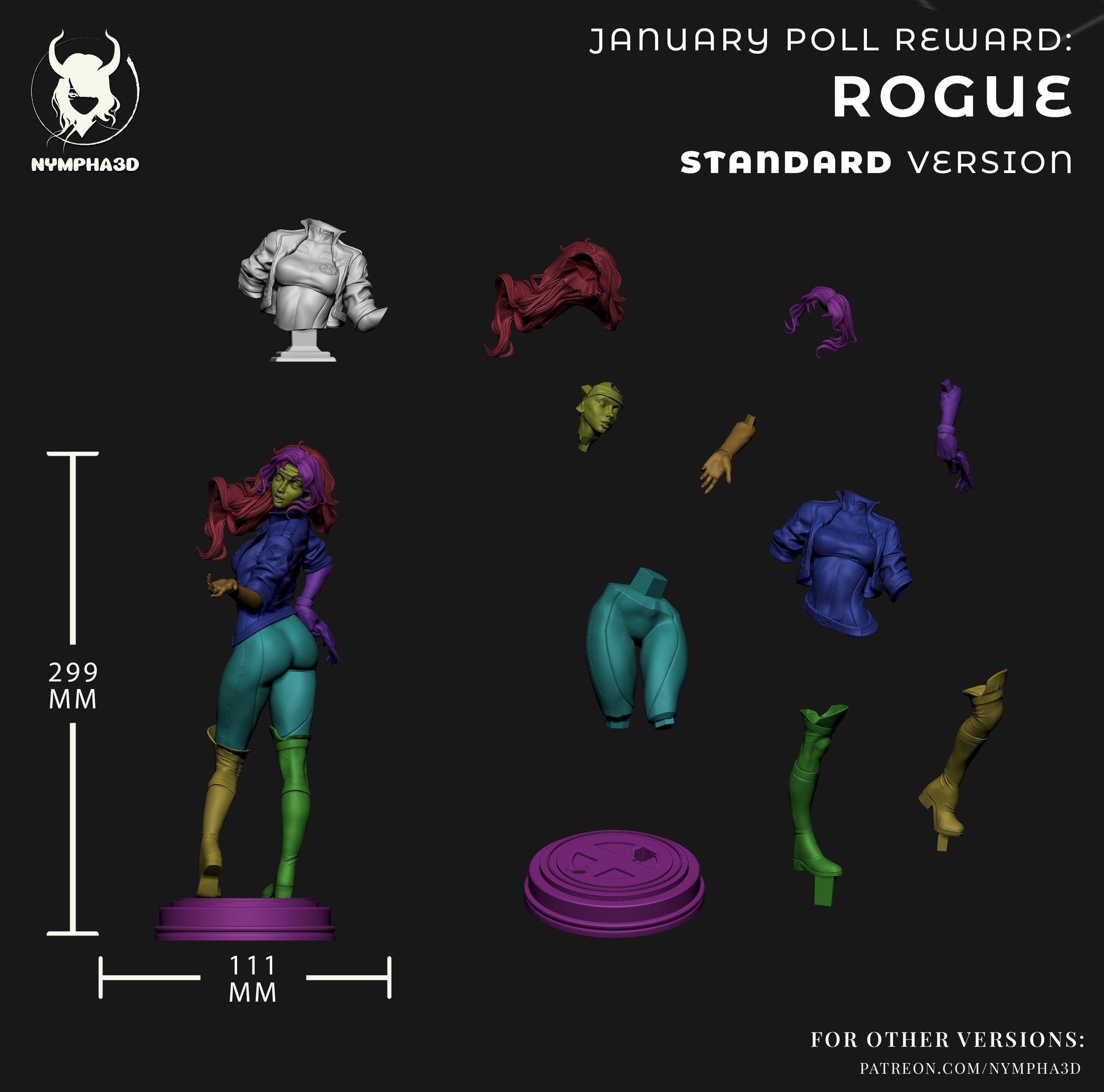 Rogue X-Men SFW 1:6 scale figure parts layout showing modular head hair torso arms legs jacket boots and base components